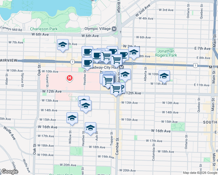 map of restaurants, bars, coffee shops, grocery stores, and more near 555 West 12th Avenue in Vancouver