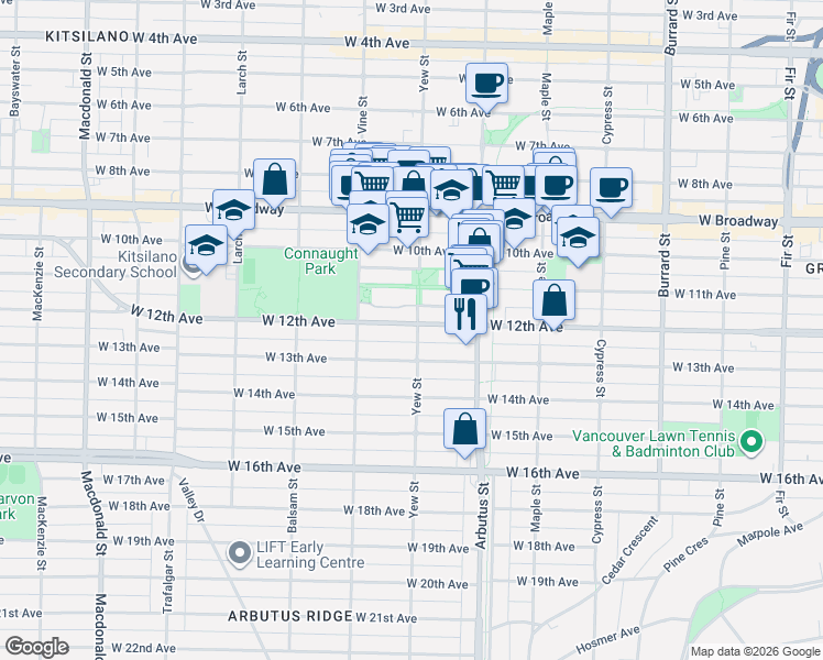map of restaurants, bars, coffee shops, grocery stores, and more near 2815 Yew Street in Vancouver