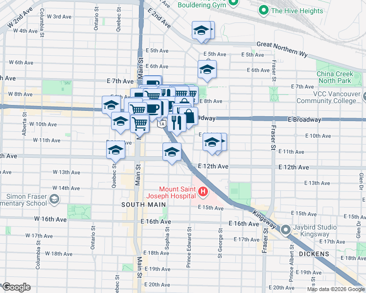 map of restaurants, bars, coffee shops, grocery stores, and more near in Vancouver