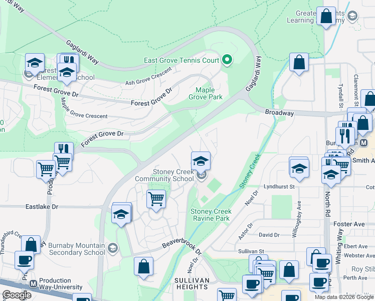 map of restaurants, bars, coffee shops, grocery stores, and more near 9128 Capella Drive in Burnaby