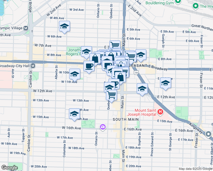 map of restaurants, bars, coffee shops, grocery stores, and more near 90 East 11th Avenue in Vancouver