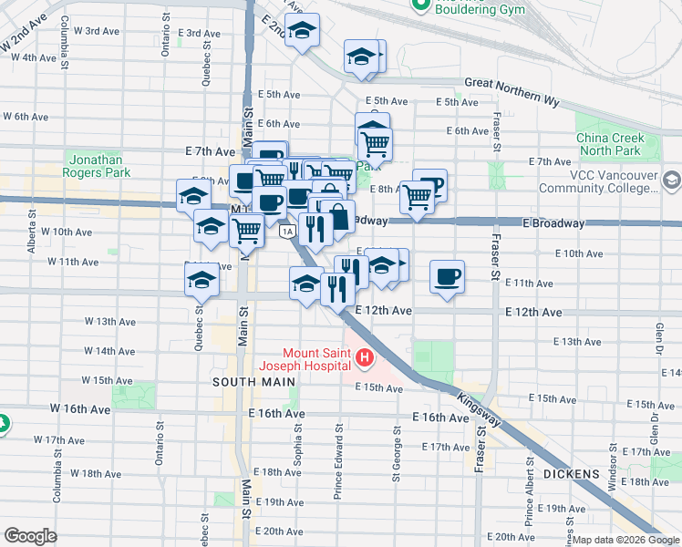 map of restaurants, bars, coffee shops, grocery stores, and more near 390 East 11th Avenue in Vancouver