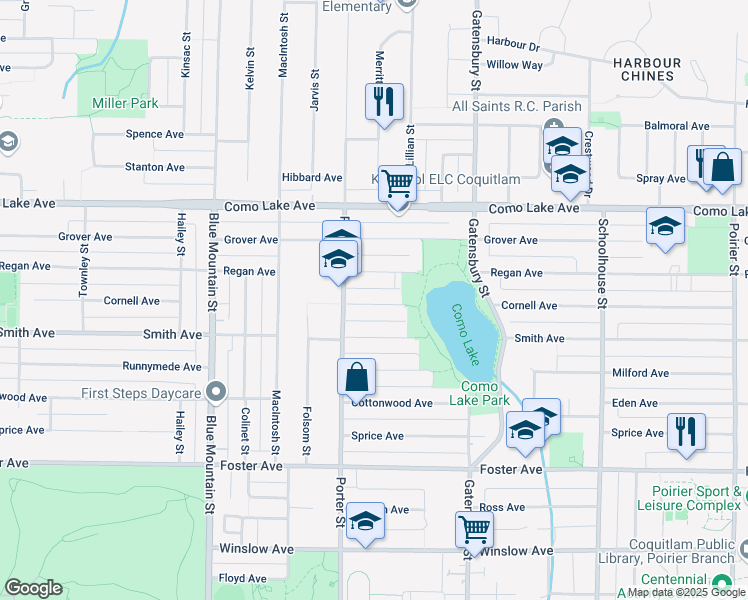 map of restaurants, bars, coffee shops, grocery stores, and more near 1059 Cornell Avenue in Coquitlam