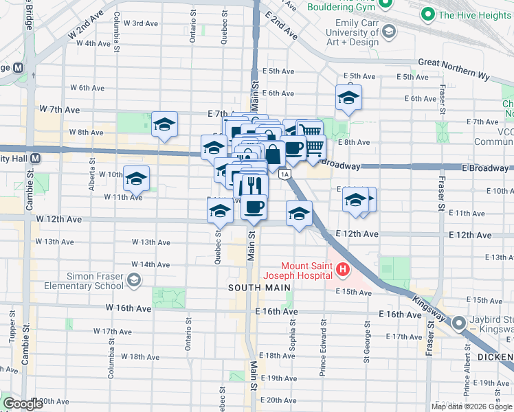 map of restaurants, bars, coffee shops, grocery stores, and more near in Vancouver