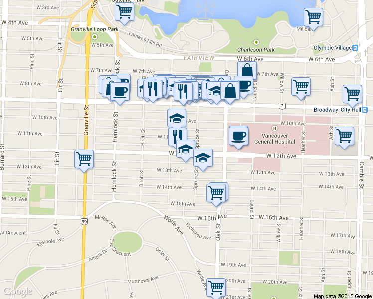 map of restaurants, bars, coffee shops, grocery stores, and more near in Vancouver