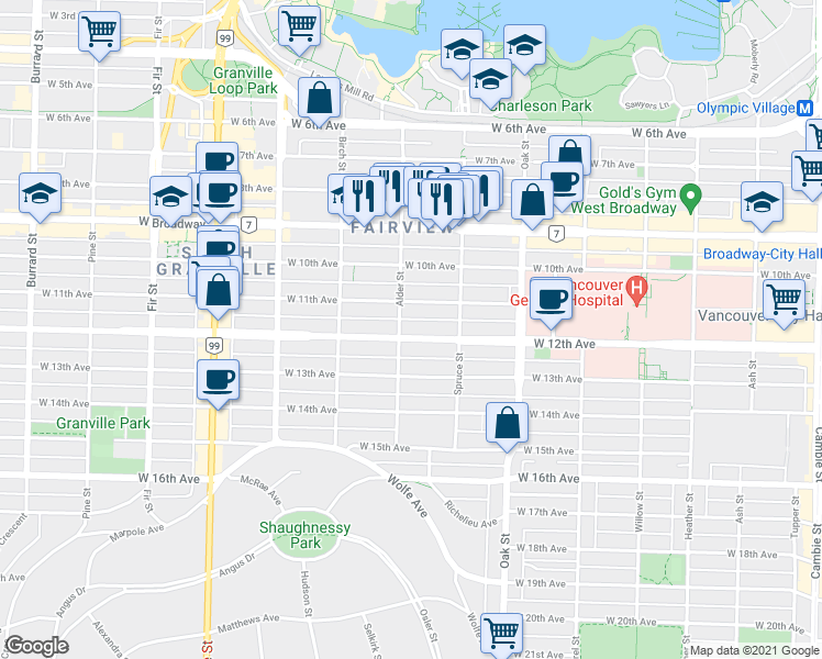 map of restaurants, bars, coffee shops, grocery stores, and more near in Vancouver