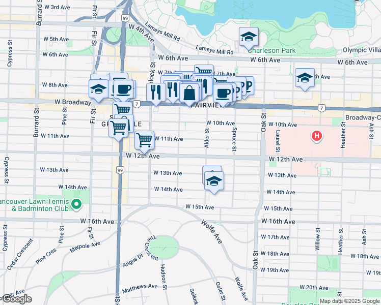map of restaurants, bars, coffee shops, grocery stores, and more near in Vancouver
