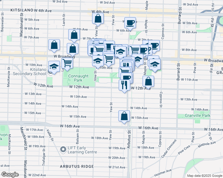 map of restaurants, bars, coffee shops, grocery stores, and more near 2815 Yew Street in Vancouver