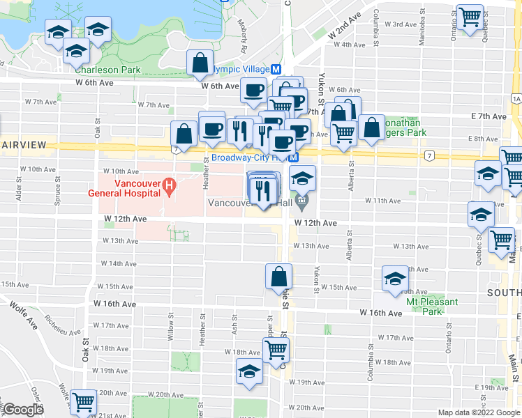 map of restaurants, bars, coffee shops, grocery stores, and more near 555 West 12th Avenue in Vancouver
