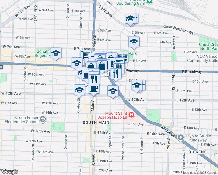 map of restaurants, bars, coffee shops, grocery stores, and more near 298 East 11th Avenue in Vancouver