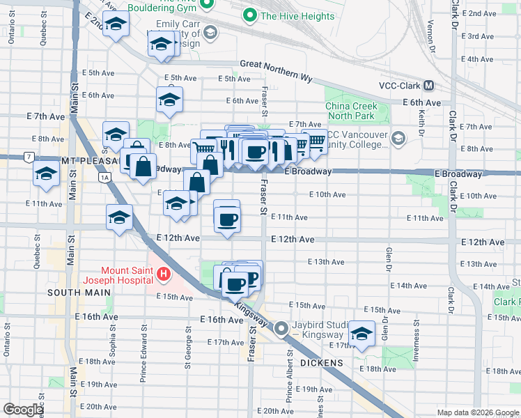 map of restaurants, bars, coffee shops, grocery stores, and more near 2641 Fraser Street in Vancouver