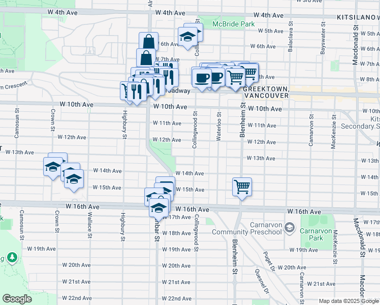 map of restaurants, bars, coffee shops, grocery stores, and more near 3513 West 13th Avenue in Vancouver
