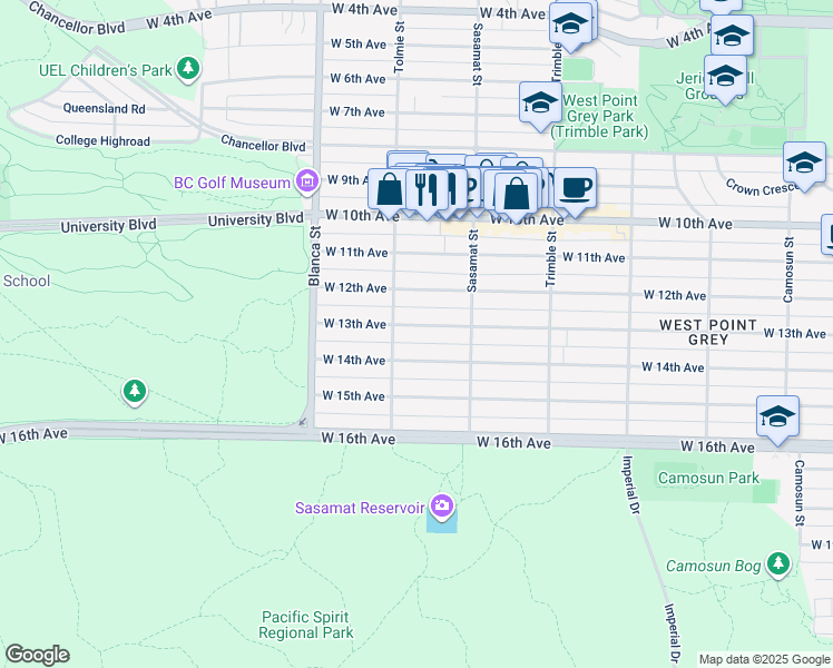 map of restaurants, bars, coffee shops, grocery stores, and more near 4570 West 13th Avenue in Vancouver