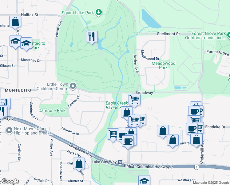 map of restaurants, bars, coffee shops, grocery stores, and more near Broadway in Burnaby