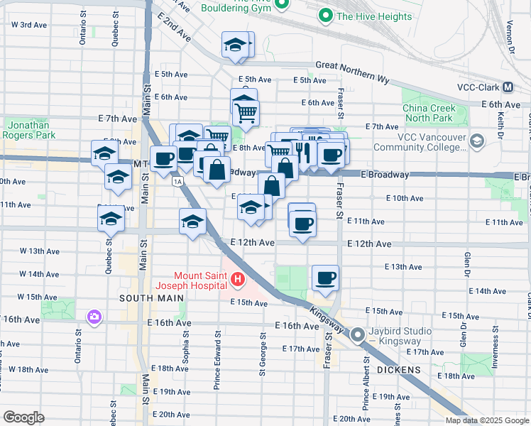 map of restaurants, bars, coffee shops, grocery stores, and more near 487 East 11th Avenue in Vancouver