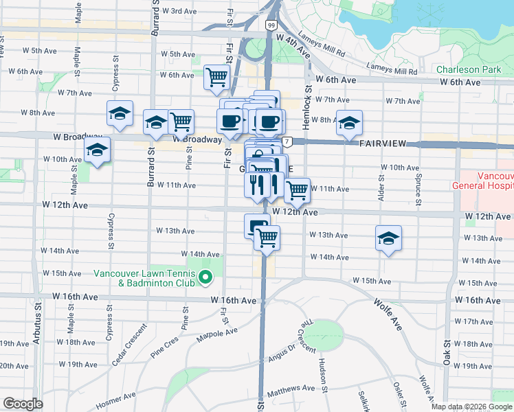 map of restaurants, bars, coffee shops, grocery stores, and more near 1509 West 12th Avenue in Vancouver