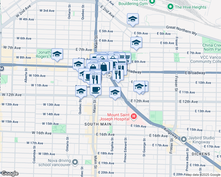 map of restaurants, bars, coffee shops, grocery stores, and more near 296 East 11th Avenue in Vancouver