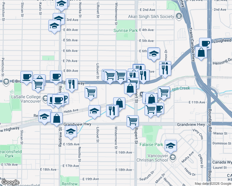 map of restaurants, bars, coffee shops, grocery stores, and more near 3200 British Columbia 7 in Vancouver