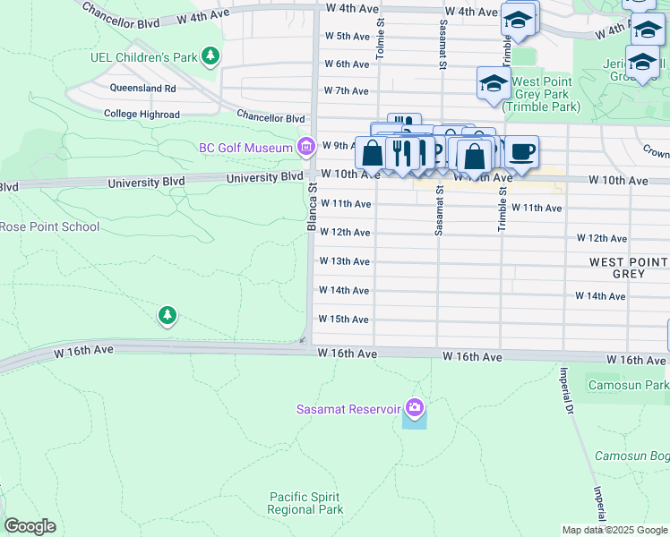 map of restaurants, bars, coffee shops, grocery stores, and more near 4664 West 13th Avenue in Vancouver