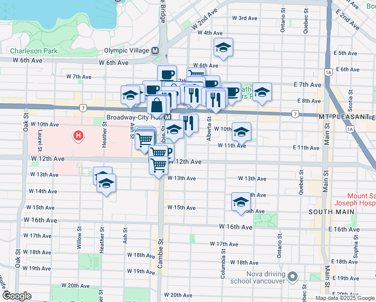 map of restaurants, bars, coffee shops, grocery stores, and more near 2720 Yukon Street in Vancouver