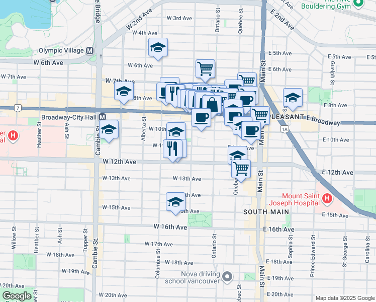 map of restaurants, bars, coffee shops, grocery stores, and more near 104 West 11th Avenue in Vancouver
