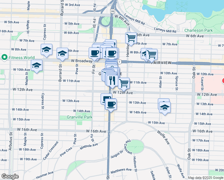 map of restaurants, bars, coffee shops, grocery stores, and more near in Vancouver