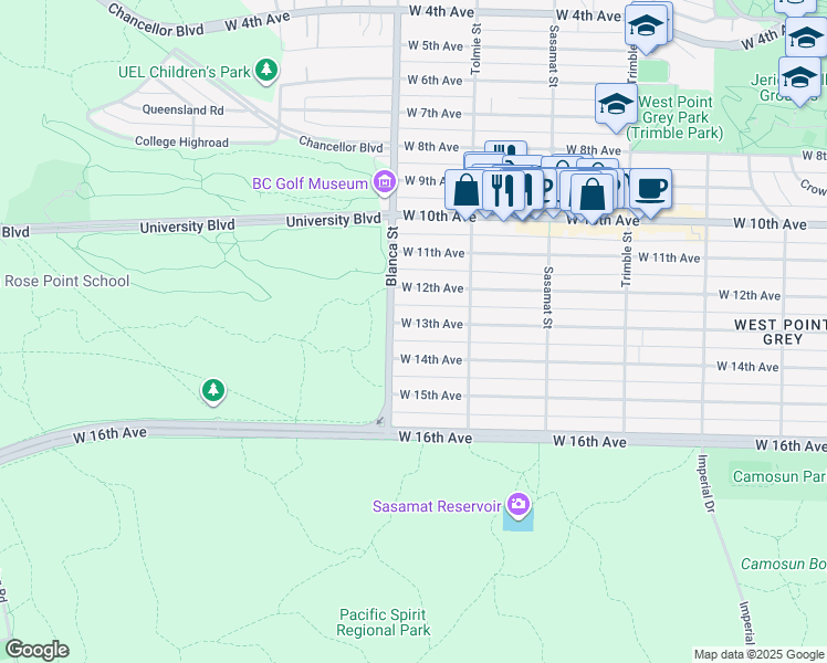 map of restaurants, bars, coffee shops, grocery stores, and more near 4676 West 13th Avenue in Vancouver