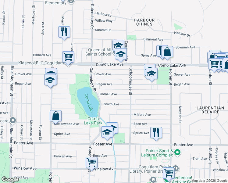 map of restaurants, bars, coffee shops, grocery stores, and more near 1347 Cornell Avenue in Coquitlam