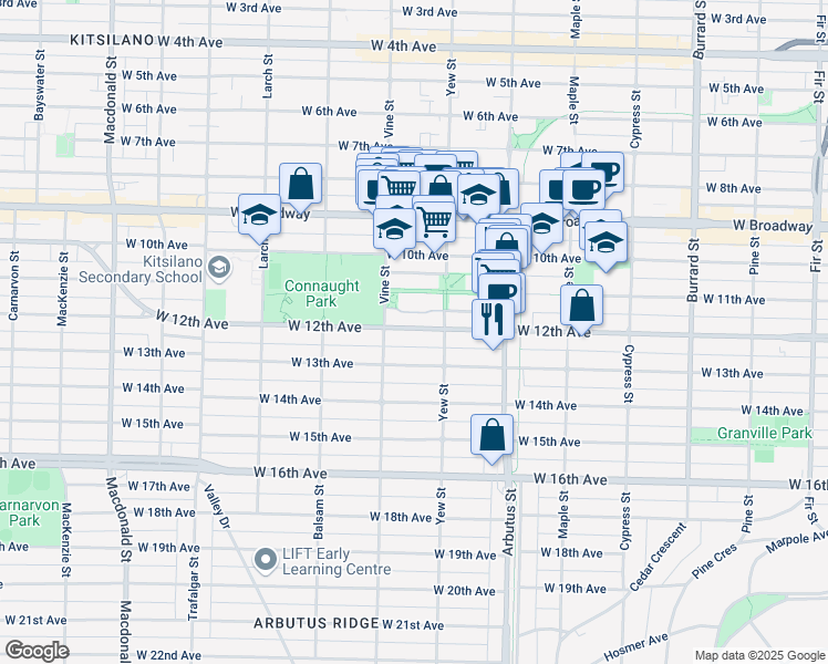 map of restaurants, bars, coffee shops, grocery stores, and more near 2268 West 12th Avenue in Vancouver