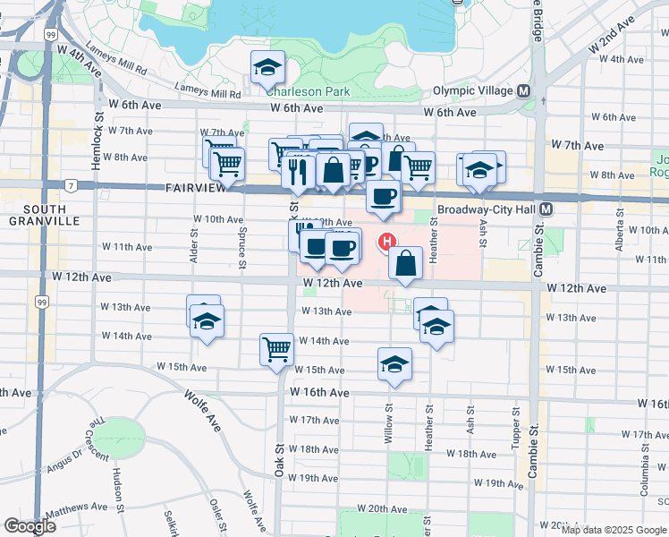 map of restaurants, bars, coffee shops, grocery stores, and more near 897 West 12th Avenue in Vancouver