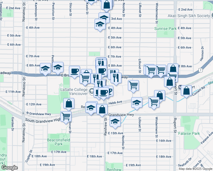 map of restaurants, bars, coffee shops, grocery stores, and more near in Vancouver