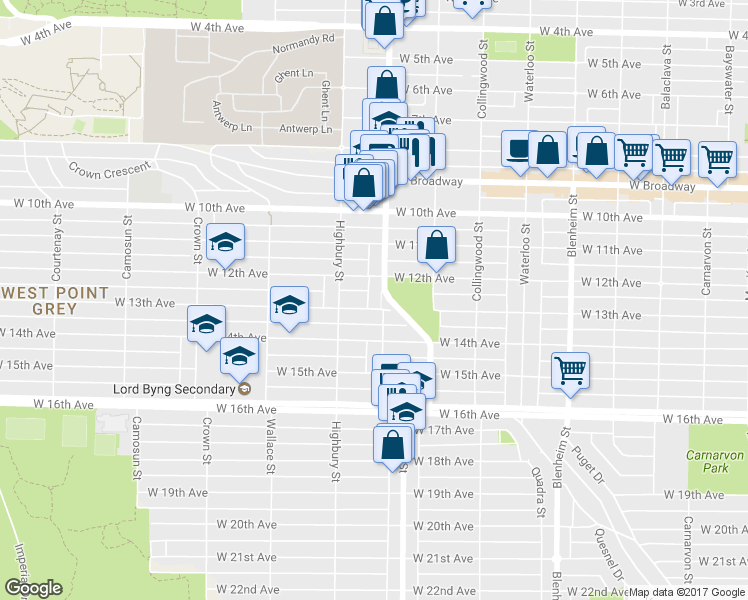 map of restaurants, bars, coffee shops, grocery stores, and more near in Vancouver