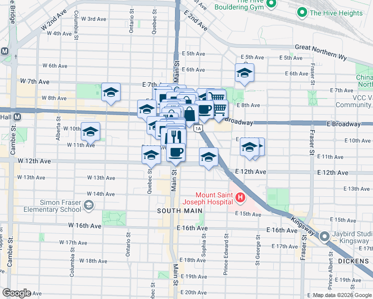 map of restaurants, bars, coffee shops, grocery stores, and more near 232 East 11th Avenue in Vancouver