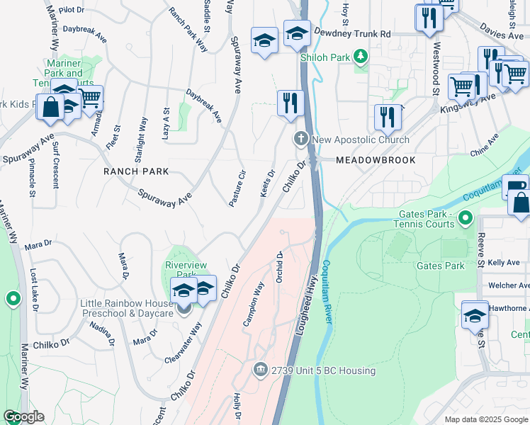map of restaurants, bars, coffee shops, grocery stores, and more near 2896 Keets Drive in Coquitlam