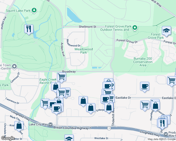 map of restaurants, bars, coffee shops, grocery stores, and more near Burnaby Mountain Urban Trail in Burnaby