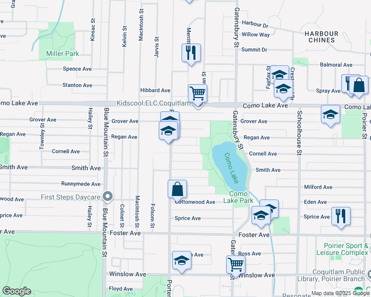 map of restaurants, bars, coffee shops, grocery stores, and more near 1059 Cornell Avenue in Coquitlam