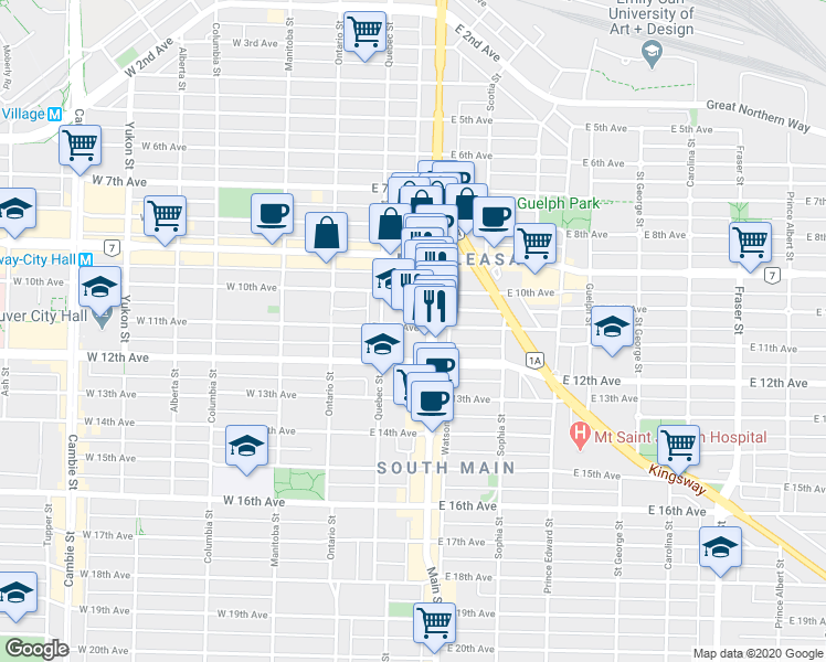 map of restaurants, bars, coffee shops, grocery stores, and more near 152 East 11th Avenue in Vancouver