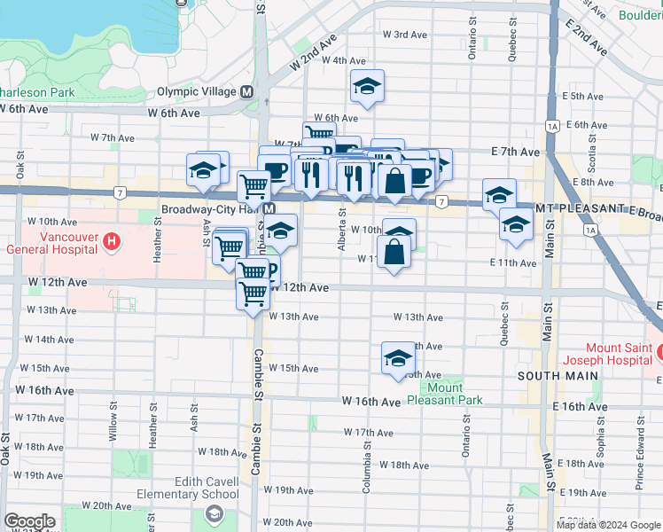 map of restaurants, bars, coffee shops, grocery stores, and more near 310 West 11th Avenue in Vancouver