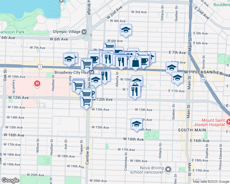 map of restaurants, bars, coffee shops, grocery stores, and more near 304 West 11th Avenue in Vancouver