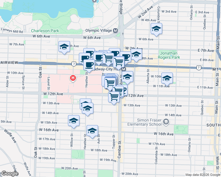 map of restaurants, bars, coffee shops, grocery stores, and more near 555 West 12th Avenue in Vancouver