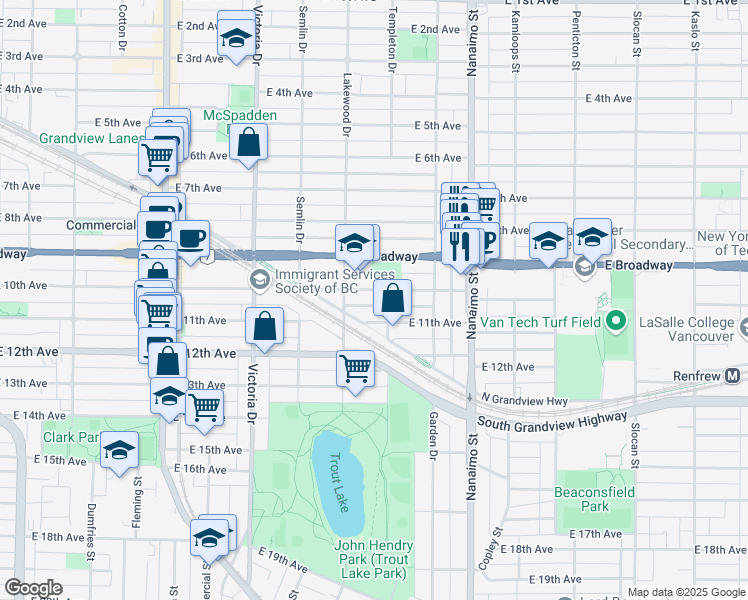 map of restaurants, bars, coffee shops, grocery stores, and more near 2156 East 10th Avenue in Vancouver