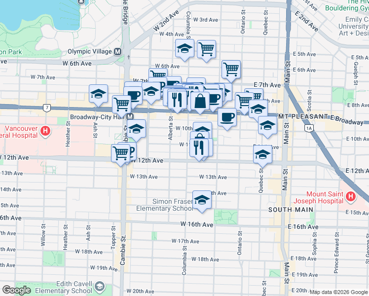 map of restaurants, bars, coffee shops, grocery stores, and more near 2733 Columbia Street in Vancouver
