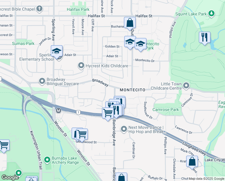 map of restaurants, bars, coffee shops, grocery stores, and more near 2625 Bainbridge Avenue in Burnaby