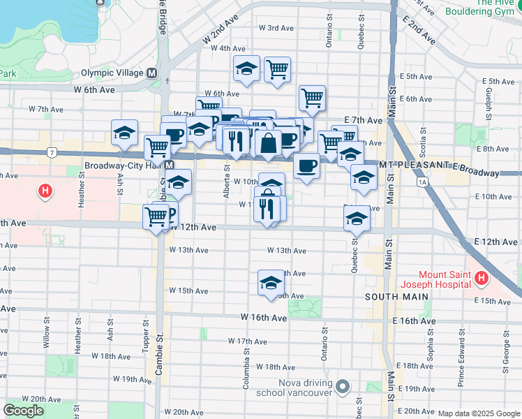 map of restaurants, bars, coffee shops, grocery stores, and more near 154 West 11th Avenue in Vancouver