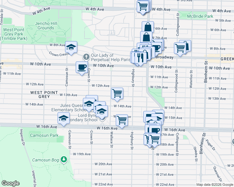 map of restaurants, bars, coffee shops, grocery stores, and more near 3869 West 13th Avenue in Vancouver