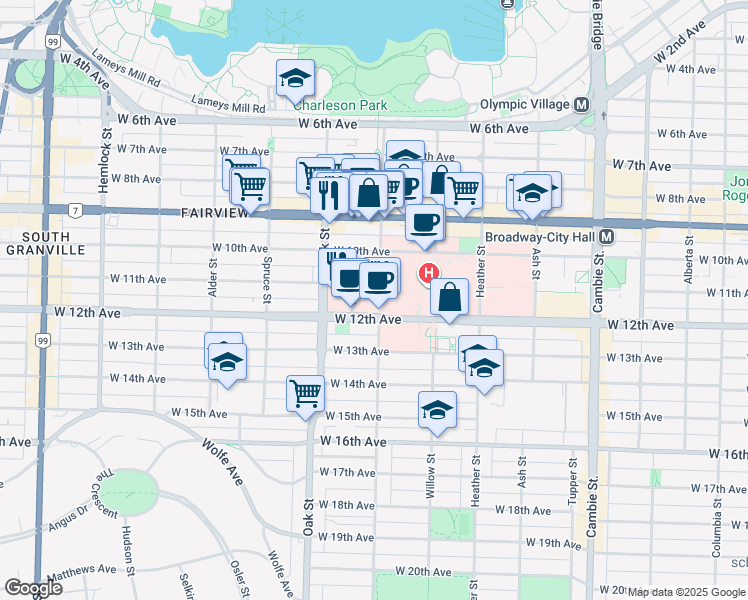 map of restaurants, bars, coffee shops, grocery stores, and more near 899 West 12th Avenue in Vancouver