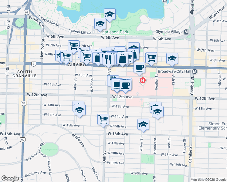 map of restaurants, bars, coffee shops, grocery stores, and more near 2775 Laurel Street in Vancouver