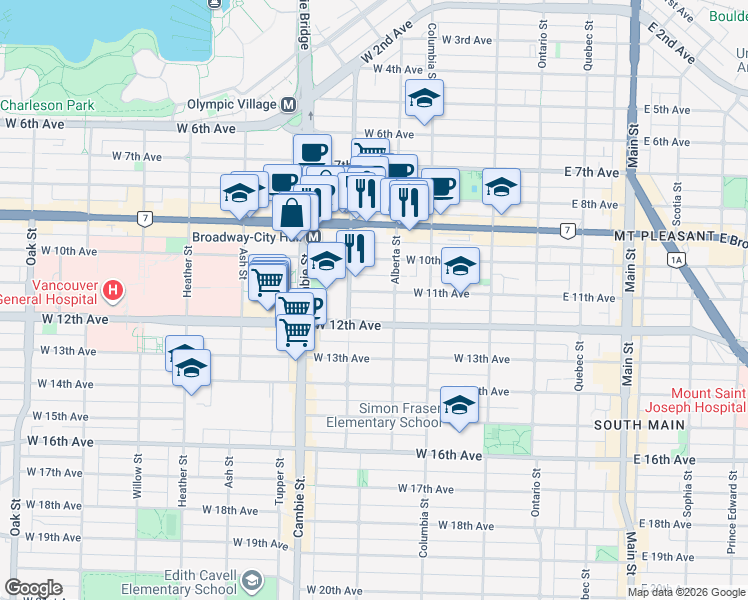 map of restaurants, bars, coffee shops, grocery stores, and more near 330 West 11th Avenue in Vancouver