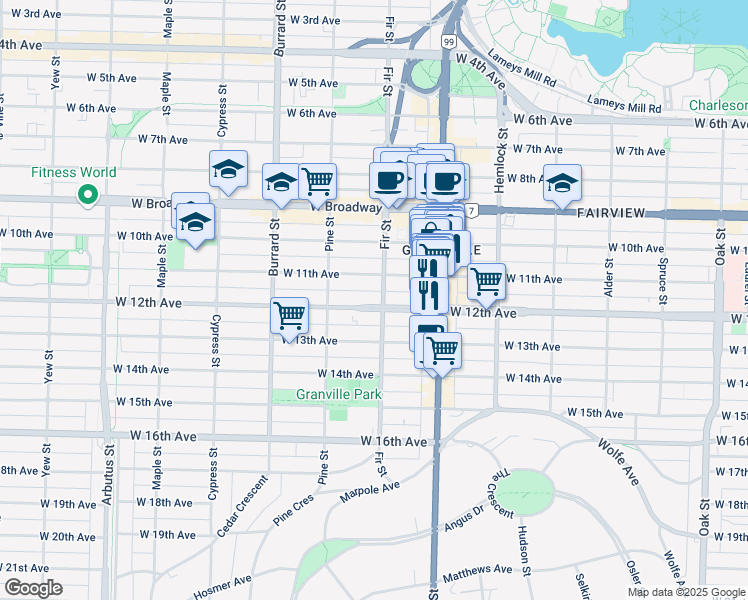 map of restaurants, bars, coffee shops, grocery stores, and more near 2775 Fir Street in Vancouver