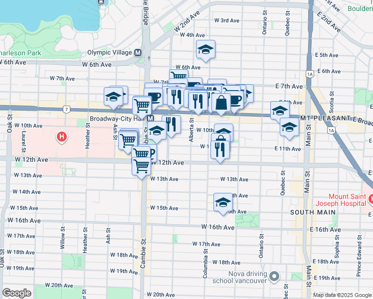 map of restaurants, bars, coffee shops, grocery stores, and more near 308 West 11th Avenue in Vancouver